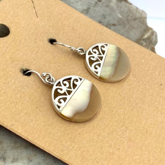 Sterling Silver 925 Round Mother Of Pearl MOP Scrollwork Accent Dangle Earrings - Picture 3 of 16